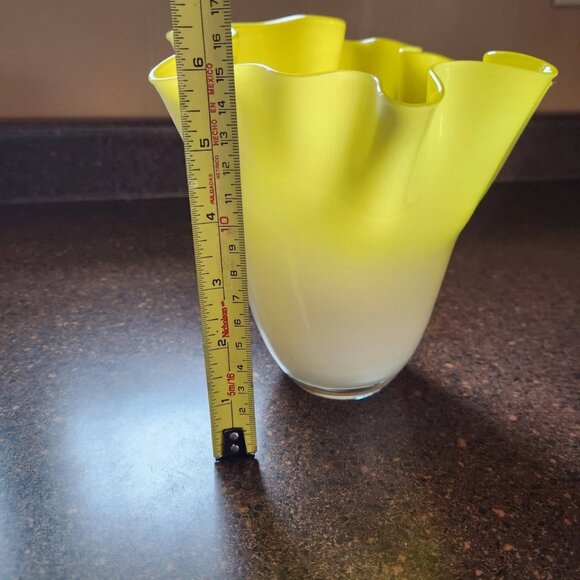 Blown Glass Ruffled Handkerchief Edge Vase White / Yellow by Gorgeous Designs - Picture 6 of 7